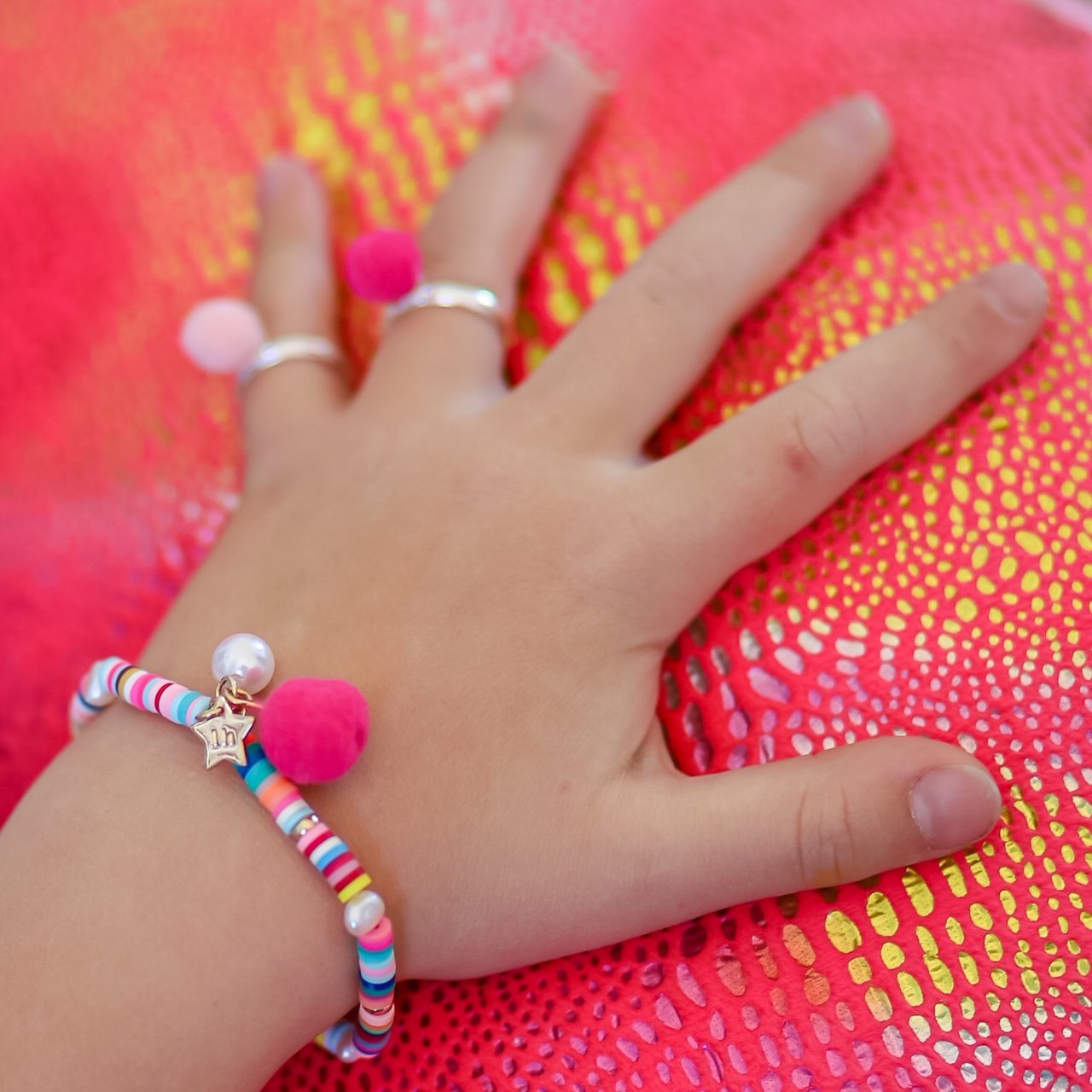 Rainbow Bracelet with Pom Pom and Pearl