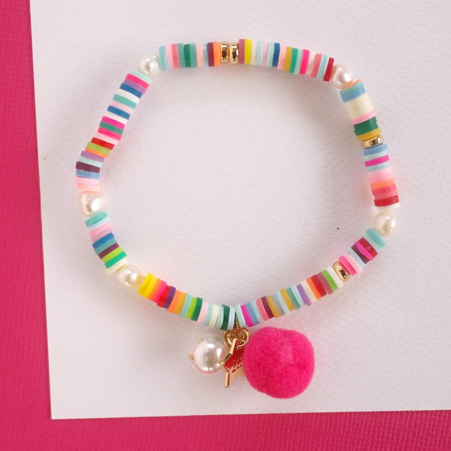 Rainbow Bracelet with Pom Pom and Pearl